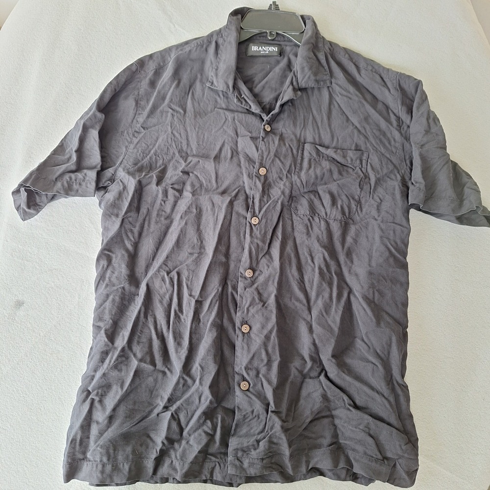 Brandini Pure Silk Mens Shirt Button Up Short Sleeve Black Size L